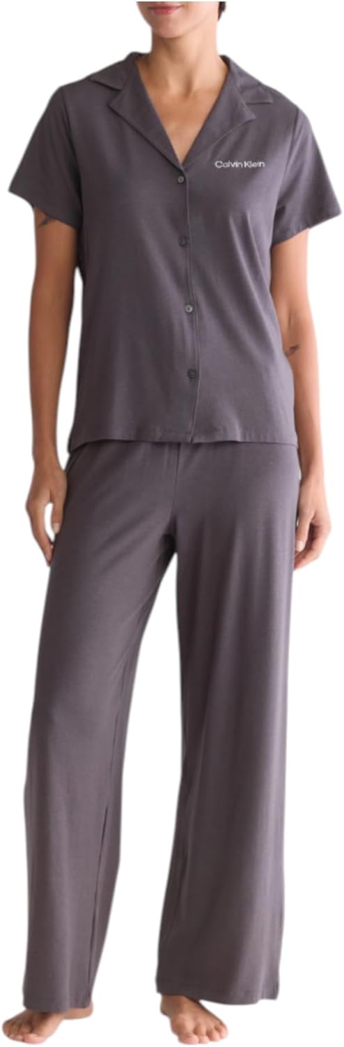 

Женский пижамный комплект Calvin Klein с короткими рукавами, топом и брюками на пуговицах и воротником-стойкой, Ashford Grey