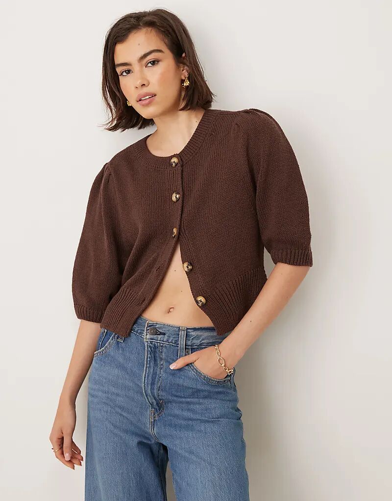 

Кардиган ASOS DESIGN с круглым вырезом и рукавами-буфами шоколадного цвета