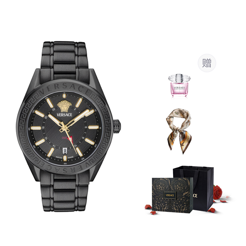 

VERSACE Часы кварцевые с механизмом, браслет из нержавеющей стали, синий циферблат 42 мм, мужские часы, комплект с фиолетовой розой в коробке и шелковым шарфом
