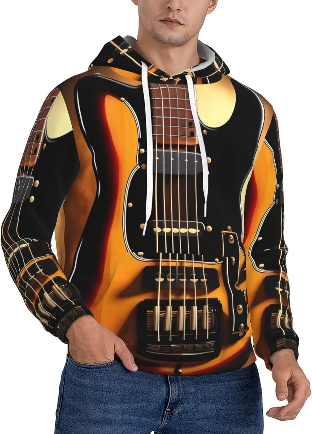 

Мужская флисовая худи с капюшоном — утепленная толстовка с принтом гитары и карманом SSYGHT