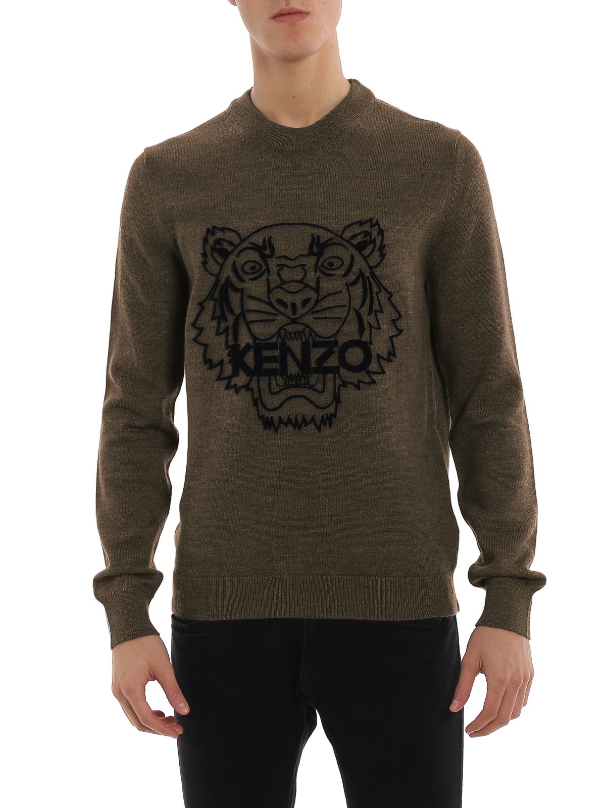 

Свитер с круглым вырезом и тисненым тигровым мотивом Kenzo, коричневый