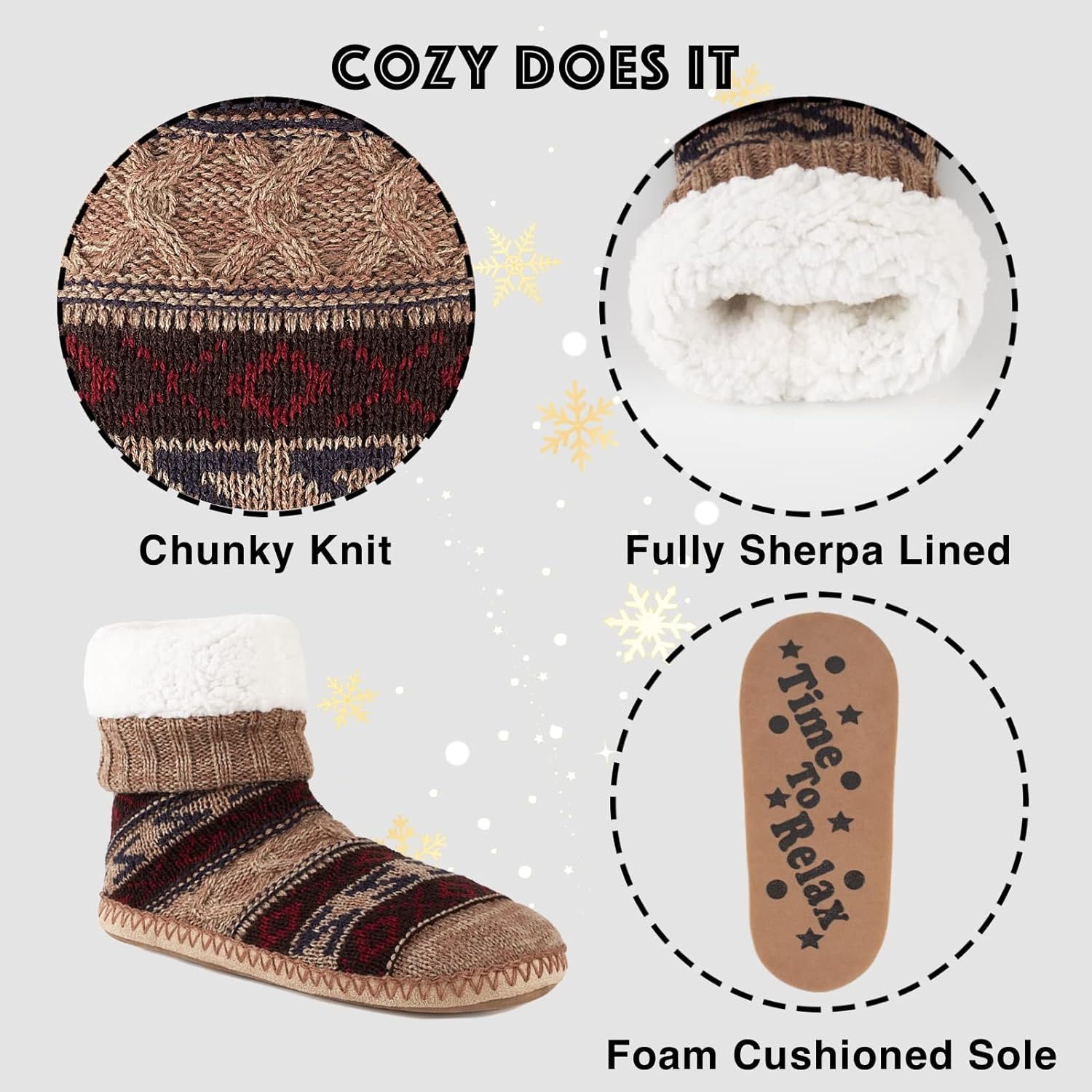 Мужские домашние носки-тапочки Cozylook с флисовой подкладкой, нескользящей подошвой, зимние мягкие толстые теплые тапочки для дома, Cable Knit Coffee — фото 4