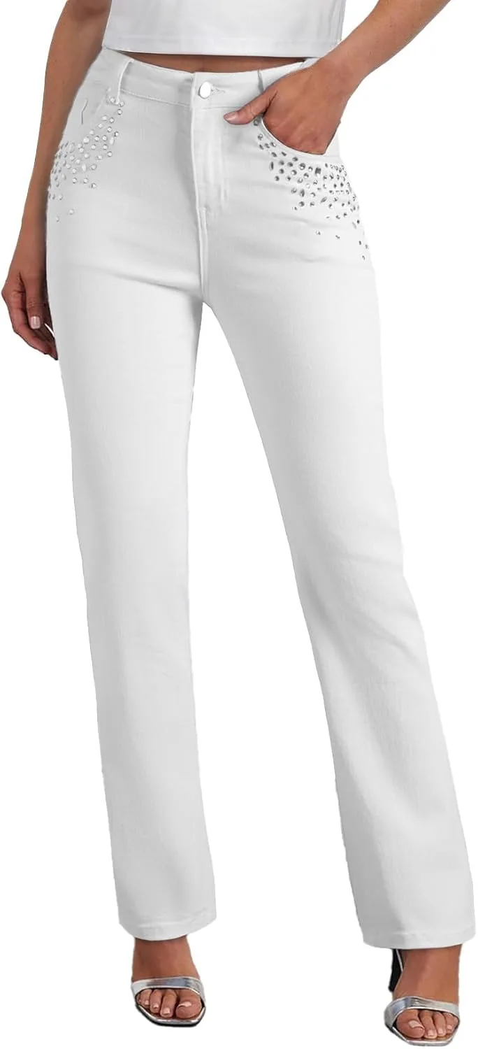 

Sidefeel Женские джинсы прямого кроя с высокой талией, стрейч, с пайетками, широкие