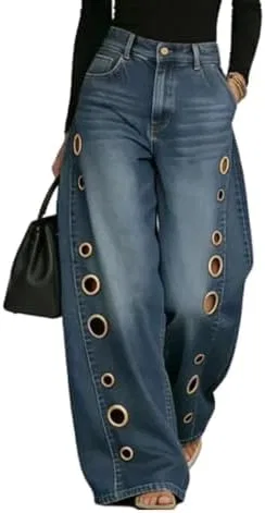 Джинсы свободные с металлическими люверсами, Retro Blue