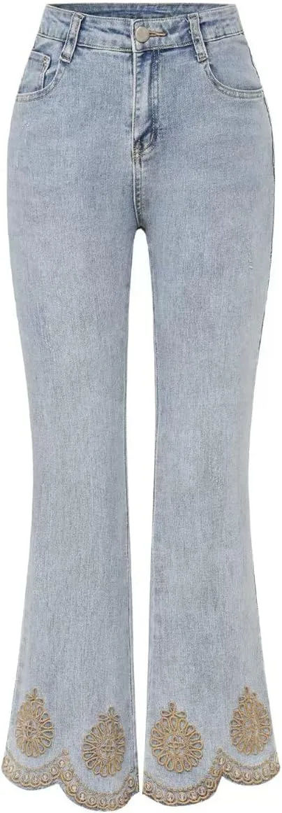 

Женские джинсы с высокой талией, молнией и вышивкой