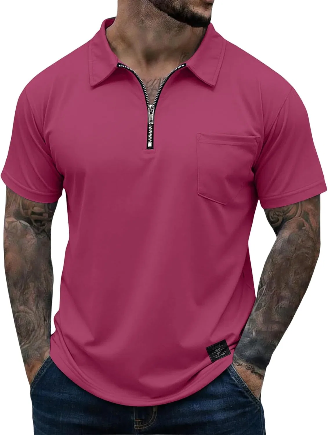 Пиклбол рубашка с коротким рукавом, с четвертью замком, Slim Fit, быстросохнущая, Y020-hot Pink