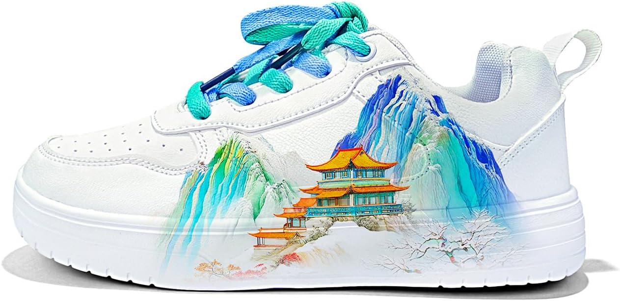 

Кроссовки в азиатском стиле Белые кроссовки с мотивами храмов Бирюзовые шнурки Принт акварельного горного пейзажа Унисекс Generic