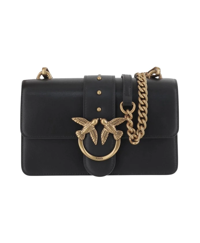 

Кожаная сумка с клапаном, украшенная изображением влюбленных птичек. Pinko, черный
