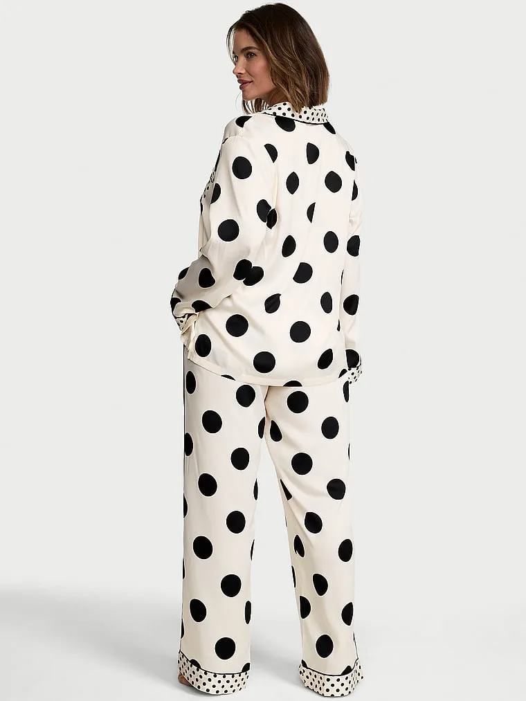 Фирменный атласный длинный пижамный комплект Victoria'S Secret, Signature Satin Tan & Black Dots — фото 2