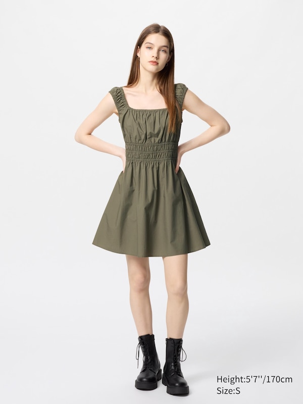 

Мини-Платье из хлопка со сборками (без рукавов) Uniqlo, зеленый