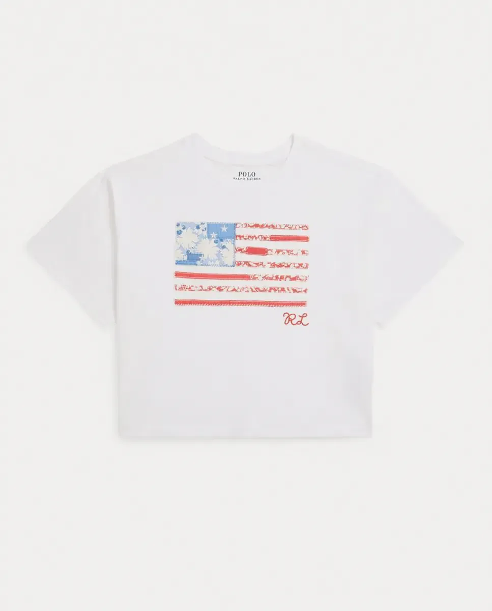 Детская трикотажная футболка из хлопка с флагом Polo Ralph Lauren, белый — фото 4