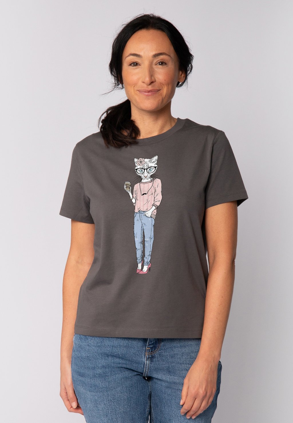 

Футболка с принтом CAT WITH MOUSTACHE watapparel, антрацит
