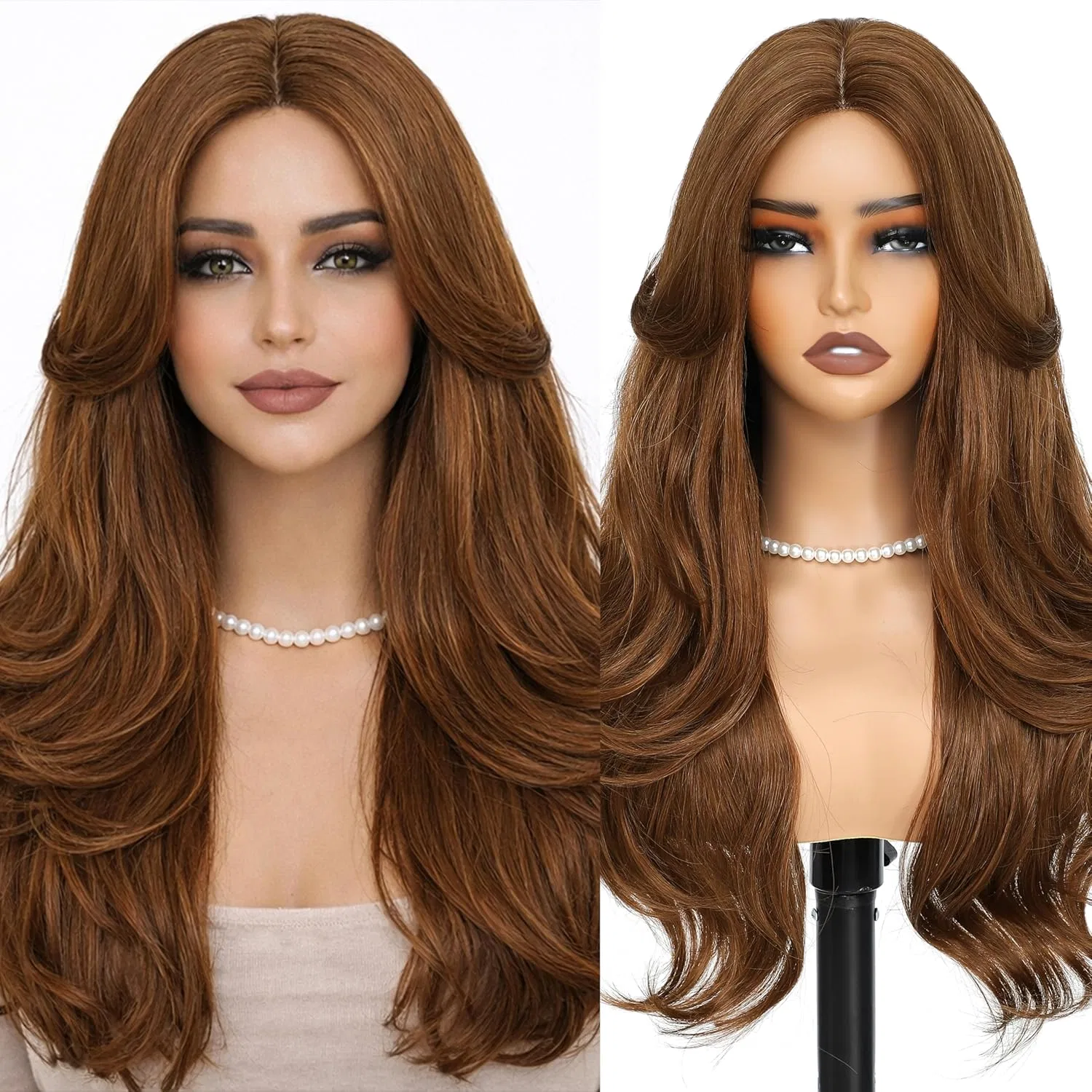 Женский длинный волнистый парик с челкой 26 дюймов Buppler, Light Copper Brown