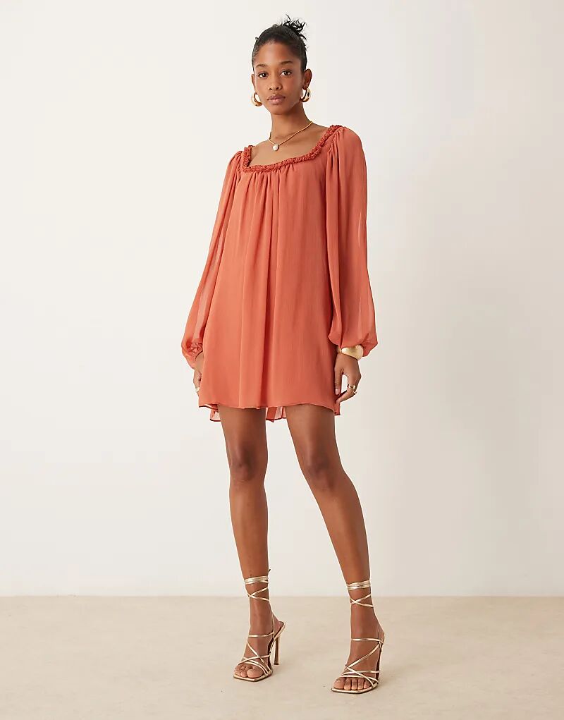 

Мини-платье-халат с оборками на шее цвета ржавчины ASOS DESIGN