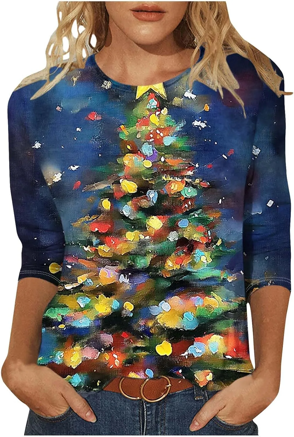 Футболка с рождественским принтом Glitter Xmas Tree Snow, 3/4 рукава, свободный крой