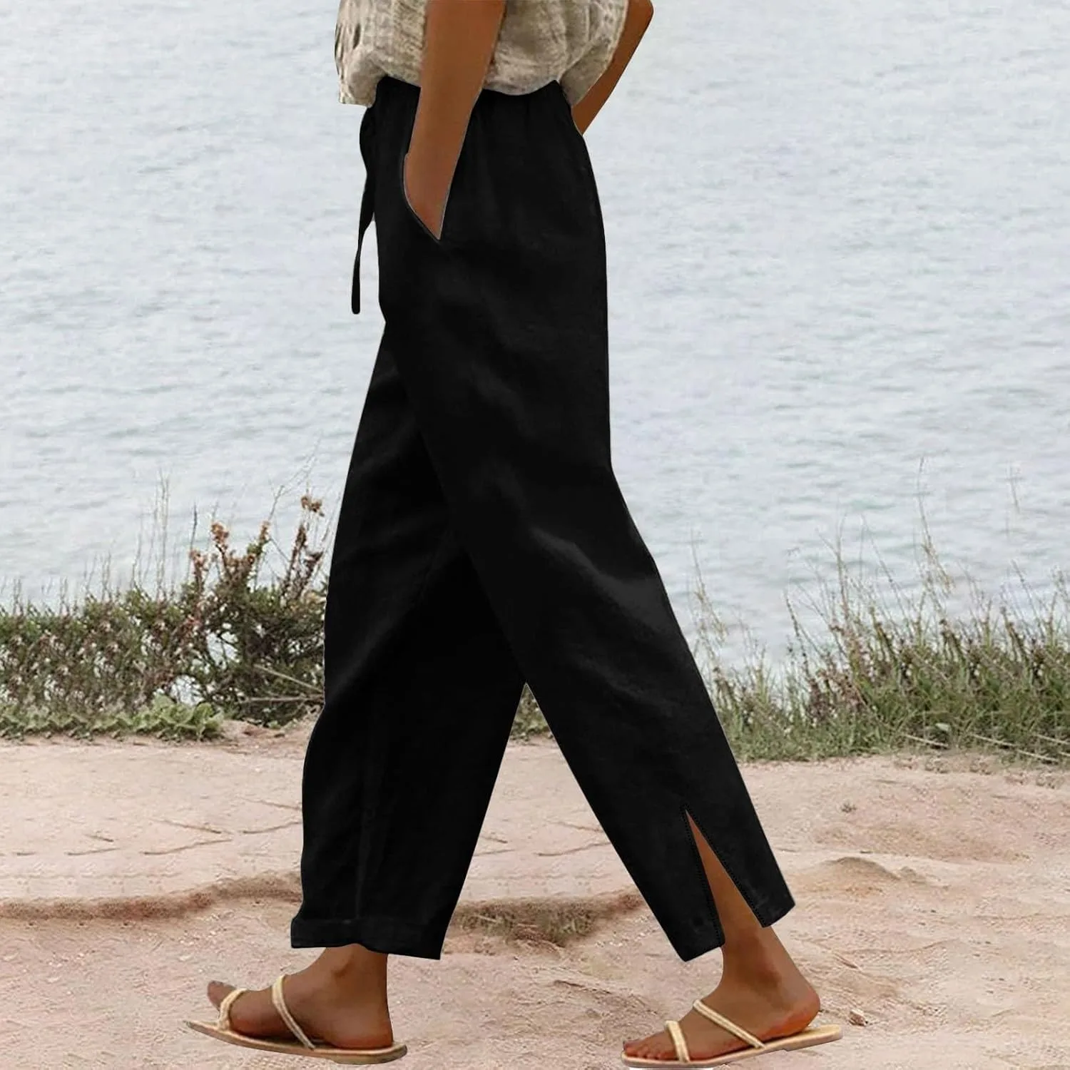 Льняные брюки Women 2026 Wide Leg с кулиской и эластичным поясом, гаучо, для отдыха, весна-лето, пляжный отпуск Generic, черный — фото 2