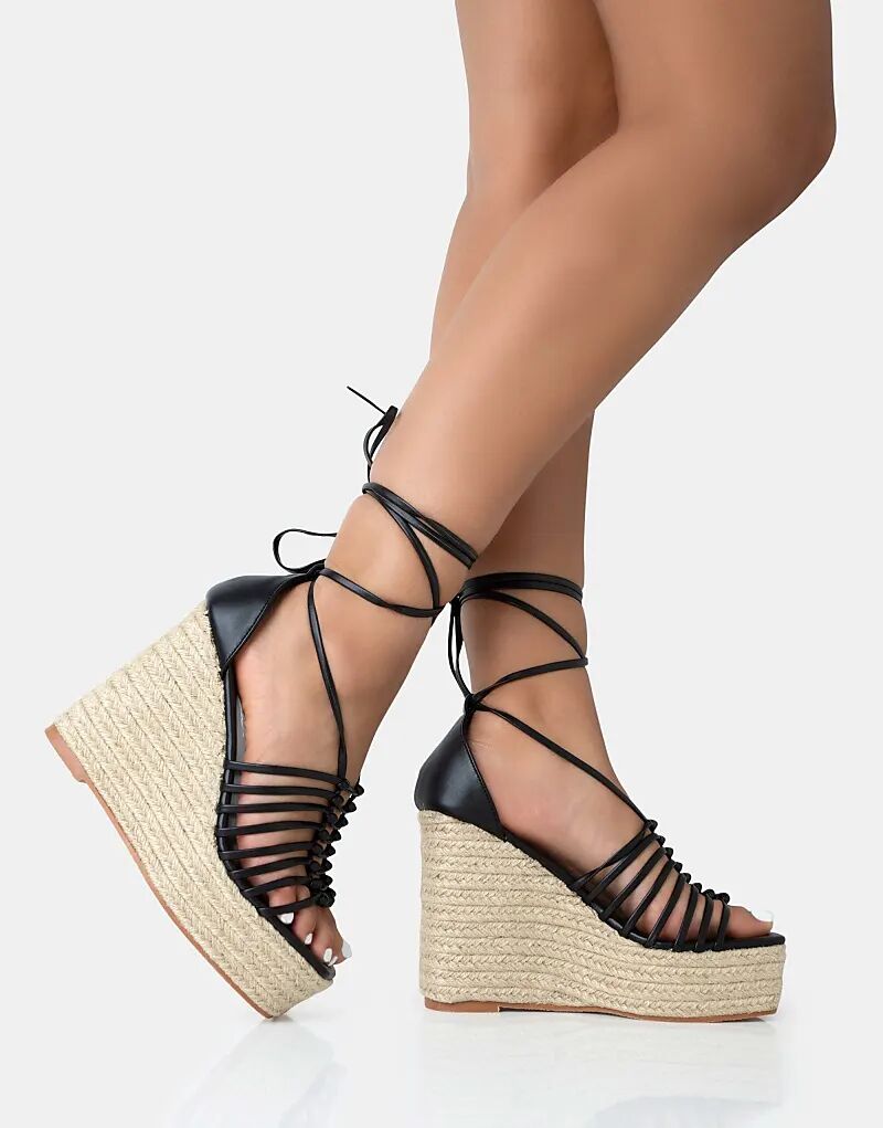 Туфли Public Desire Reece из рафии с завязками на ремешках и танкетке, черные, из искусственной кожи — фото 3