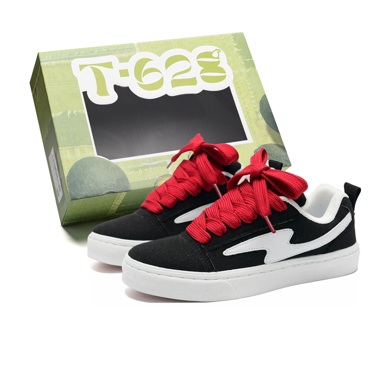 

T628 Скользоустойчивые износостойкие легкие дышащие лоу-топ скейтбордские кроссовки унисекс классический черный с красными шнурками, цвет Classic Black (Red Laces)