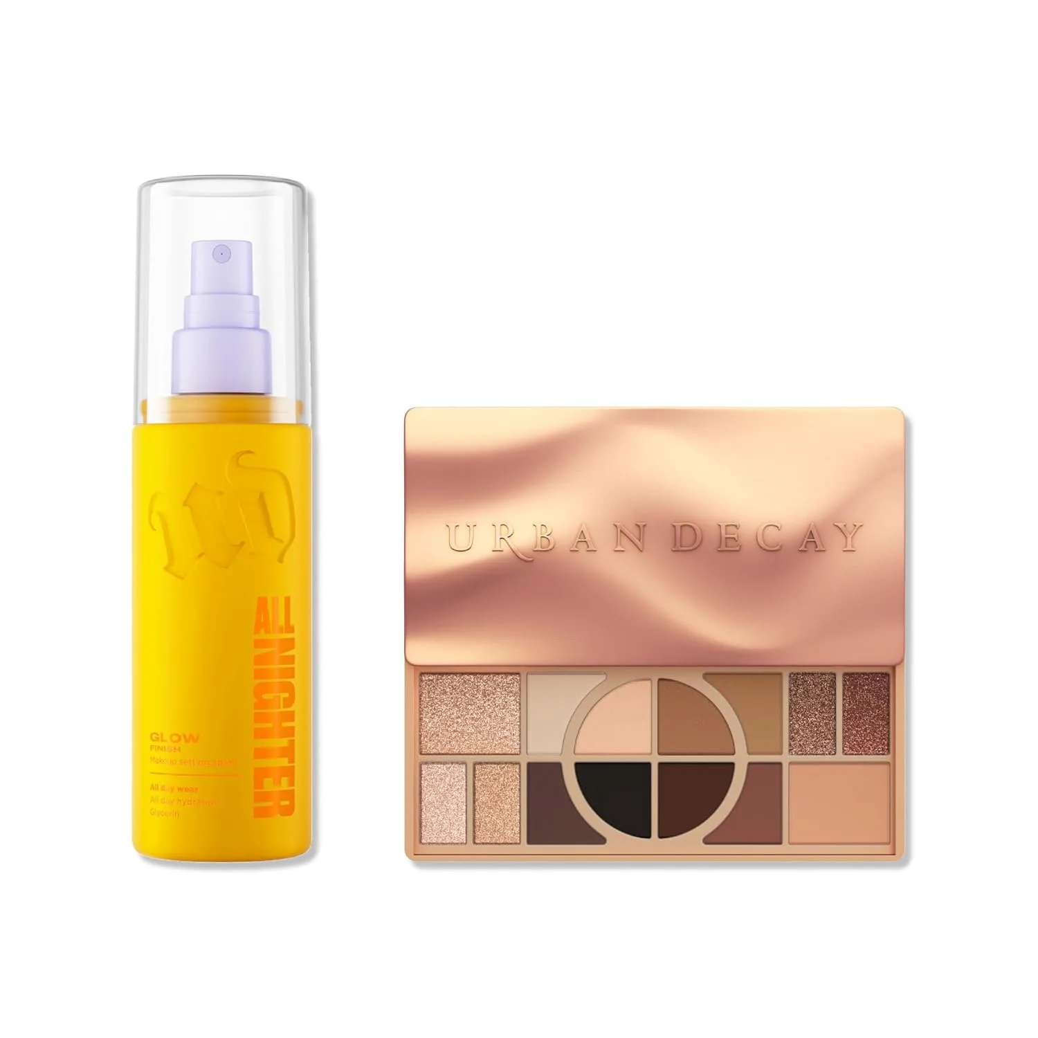 Набор Urban Decay Naked Shaped Warm Palette & Dewy Setting Spray Bundle - Multi-Use Neutrals - All Nighter Waterproof Setting Spray Glow (4 Fl Oz) для стойкого макияжа глаз и лица.
