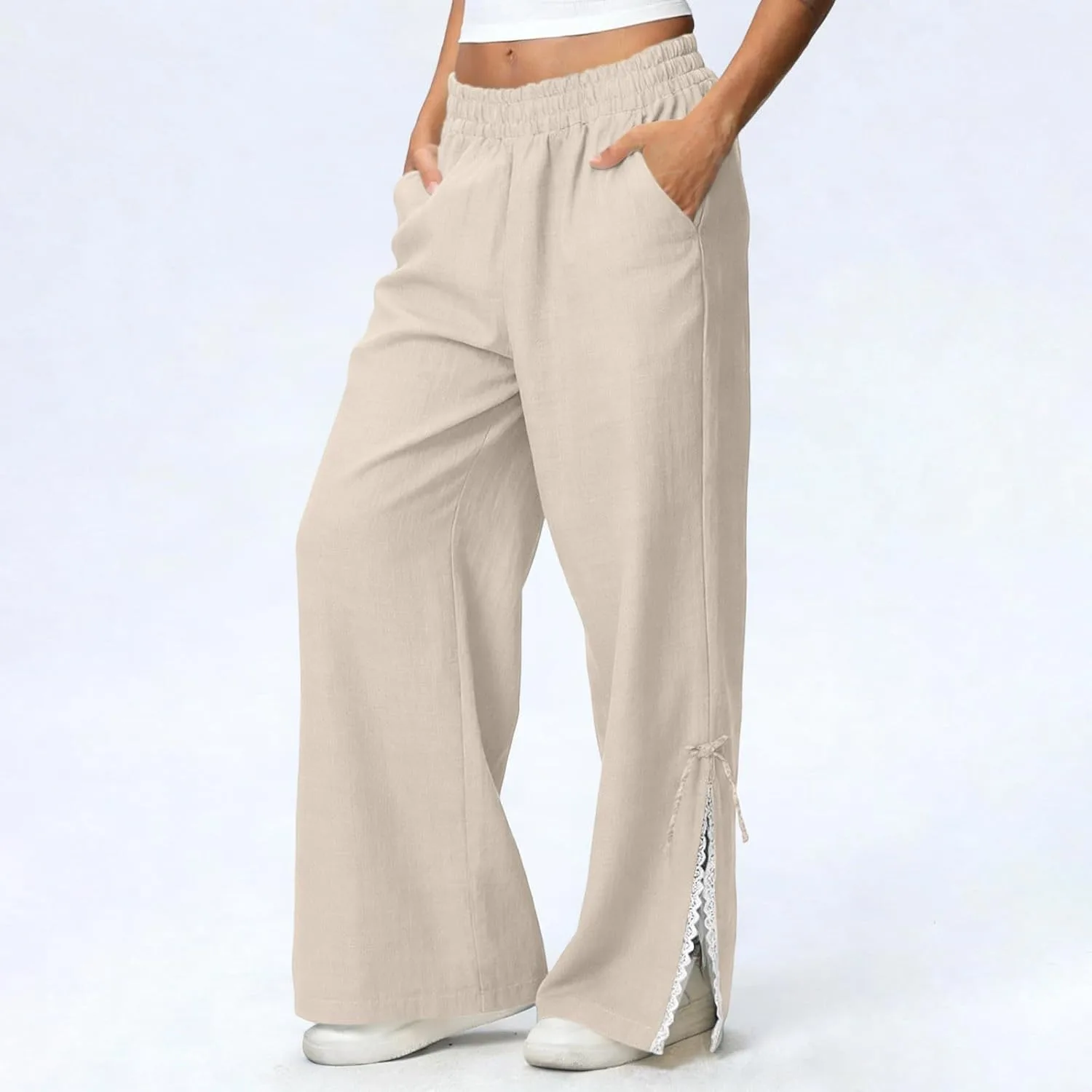 Летние брюки для женщин 2026 Casual Cotton Linen Elastic High Waist Wide Leg Beach Vacation Generic, бежевый — фото 2