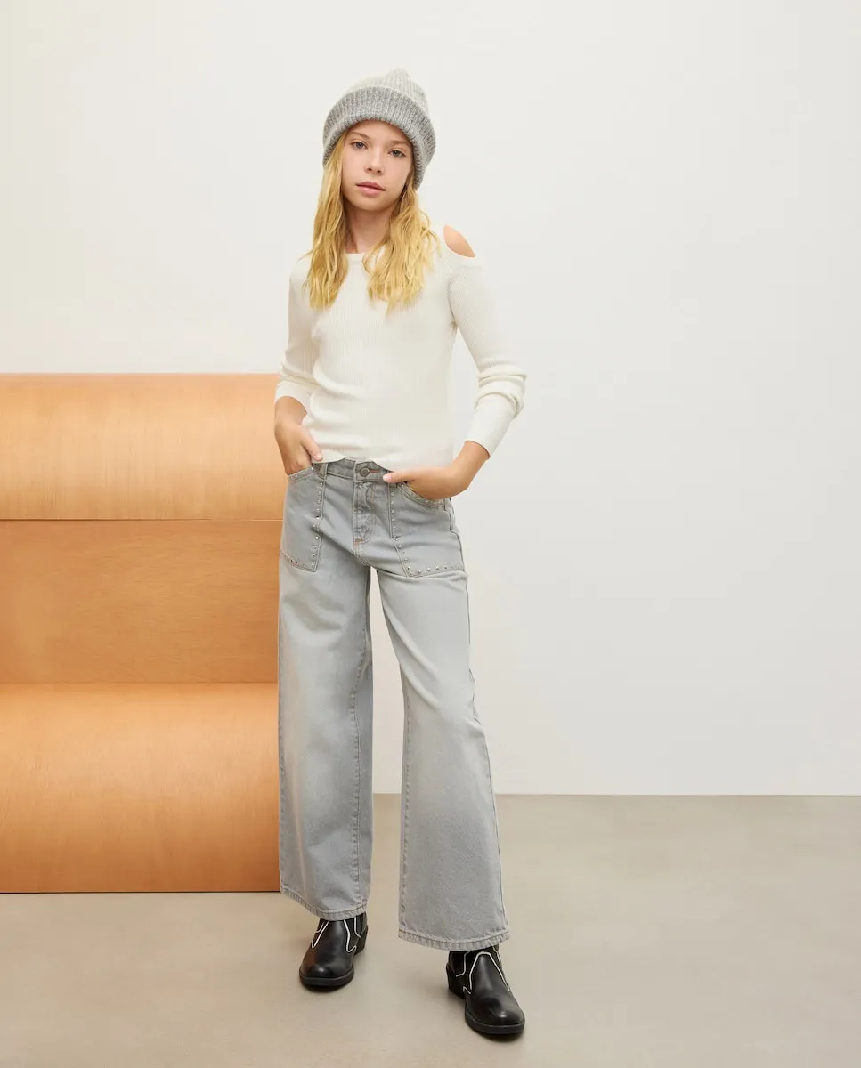 

Джинсовые брюки с широкими штанинами и заклепками на карманах для девочки Kids El Corte Inglés, светло-серый