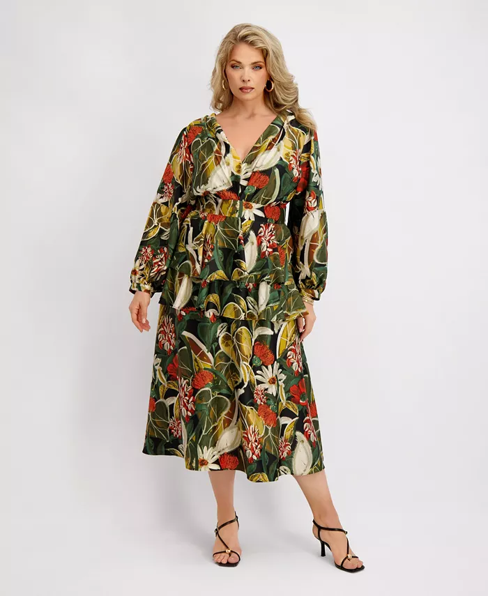 

Платье макси из атласа больших размеров с длинными рукавами и ярусами Siena