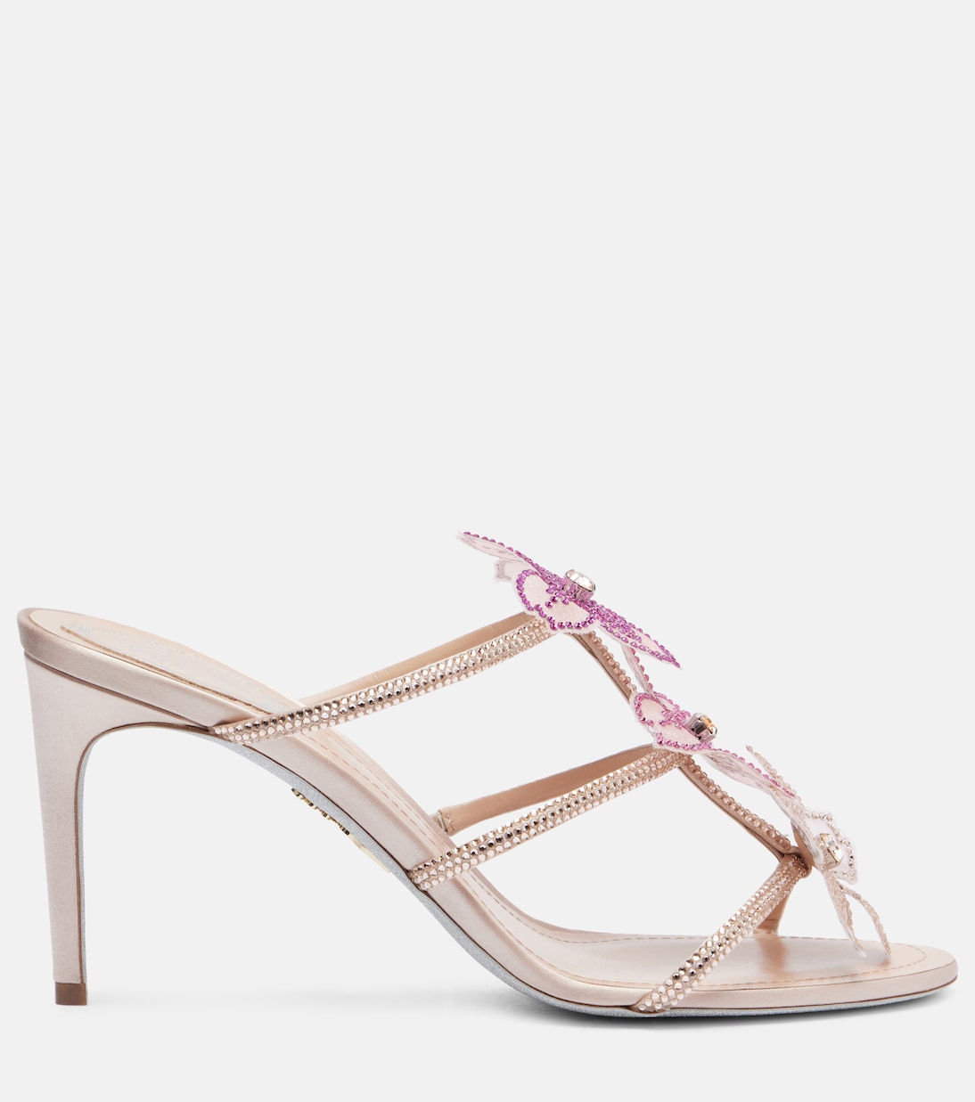 Кожаные сандалии Peach Flower 80 Rene Caovilla, Beige Satin/Silk-Fuxia Multi Strass — фото 4