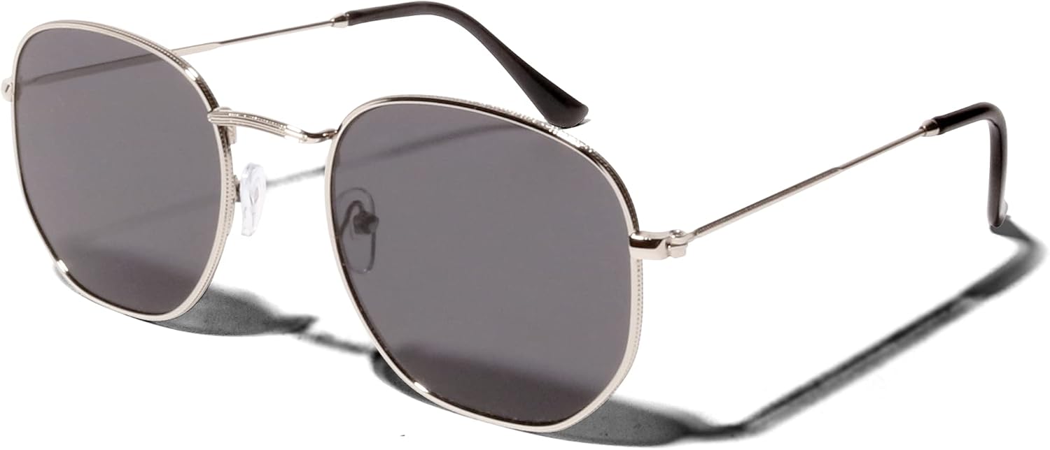 

Солнцезащитные очки ShadyVEU Slim Thin 70s с круглой шестиугольной металлической оправой и защитой от УФ-излучения UV400 — модные и стильные очки для мужчин и женщин, Silver Frame / Black Lens