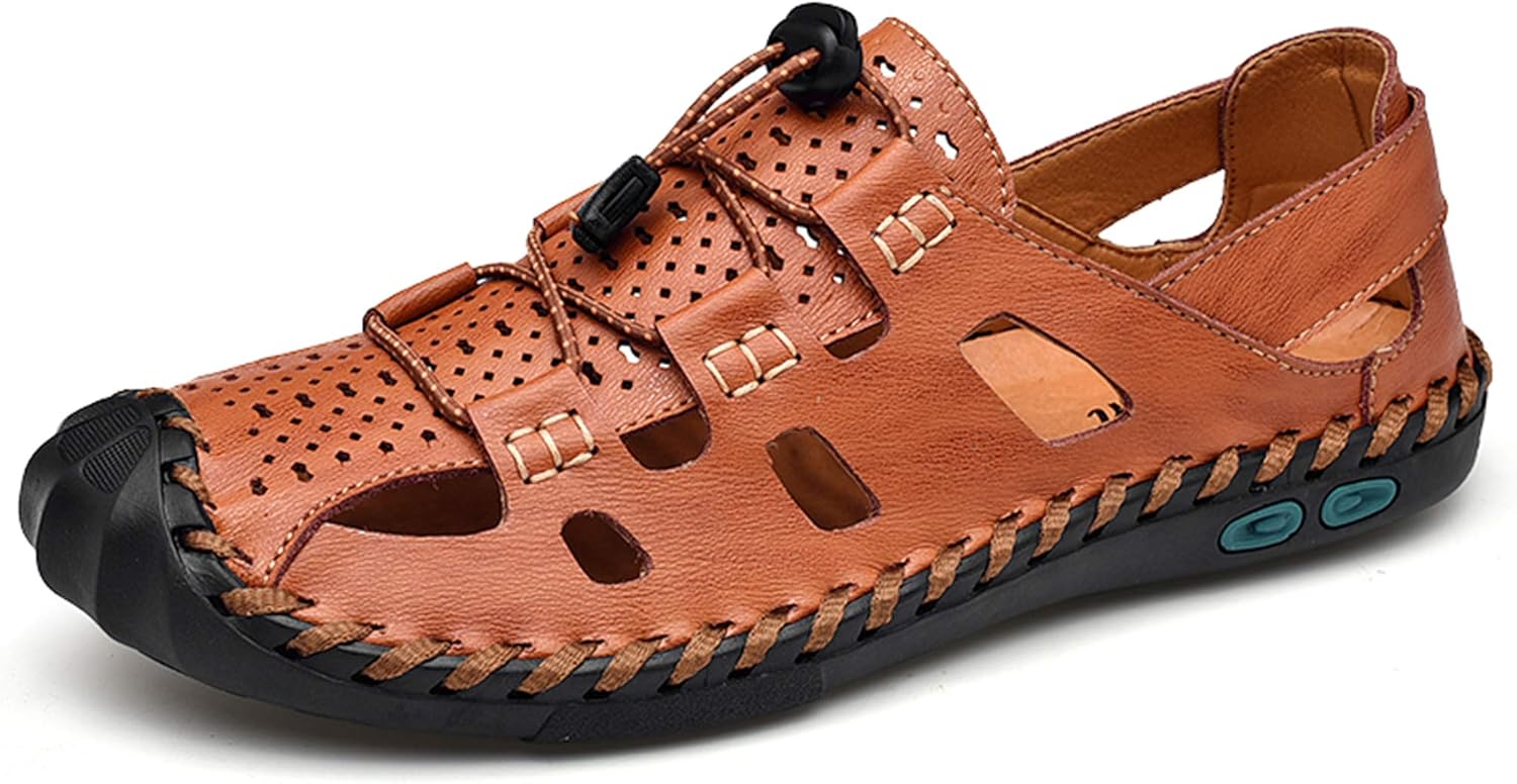 

Мужские повседневные кожаные сандалии с закрытым носком для улицы, рыбацкие, регулируемые, спортивные, летние Zhnshm, коричневый