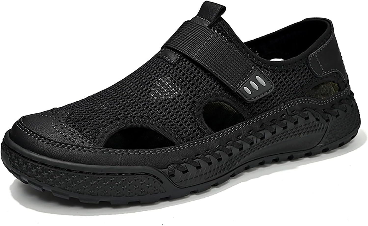 

Мужские сандалии LVOMU с сеткой и вырезами, ручная прошивка, удобные, дышащие, с застежкой-липучкой, противоскользящие, для активного отдыха, походов и прогулок, черный