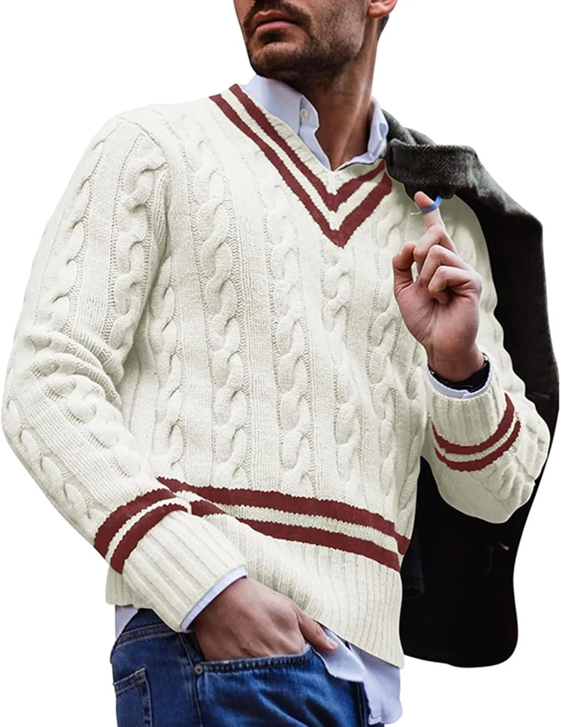 

V-образный свитер для мужчин Slim Fit с косой вязкой RSZGSWS