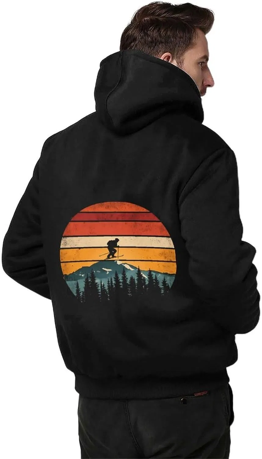Винтажный худи с капюшоном на молнии для лыжников Vintage Sunset Skiing, флисовая толстовка, зимняя куртка, теплая одежда Generic, черный — фото 2