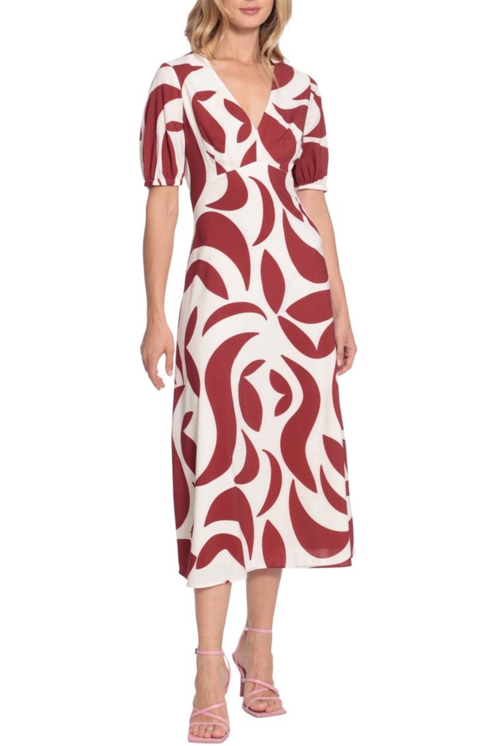 

Платье миди с открытой спиной и геометрическим принтом в цвете слоновая кость терракота Donna Morgan