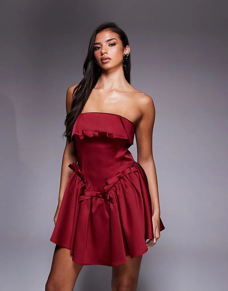 

Мини-платье-бандо из структурированного атласа ASOS LUXE с бантом темно-красного цвета