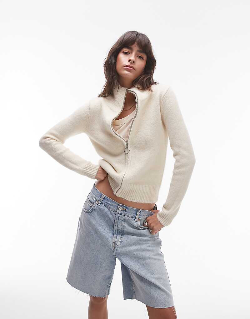

Topshop — пушистый вязаный кардиган кремового цвета на молнии