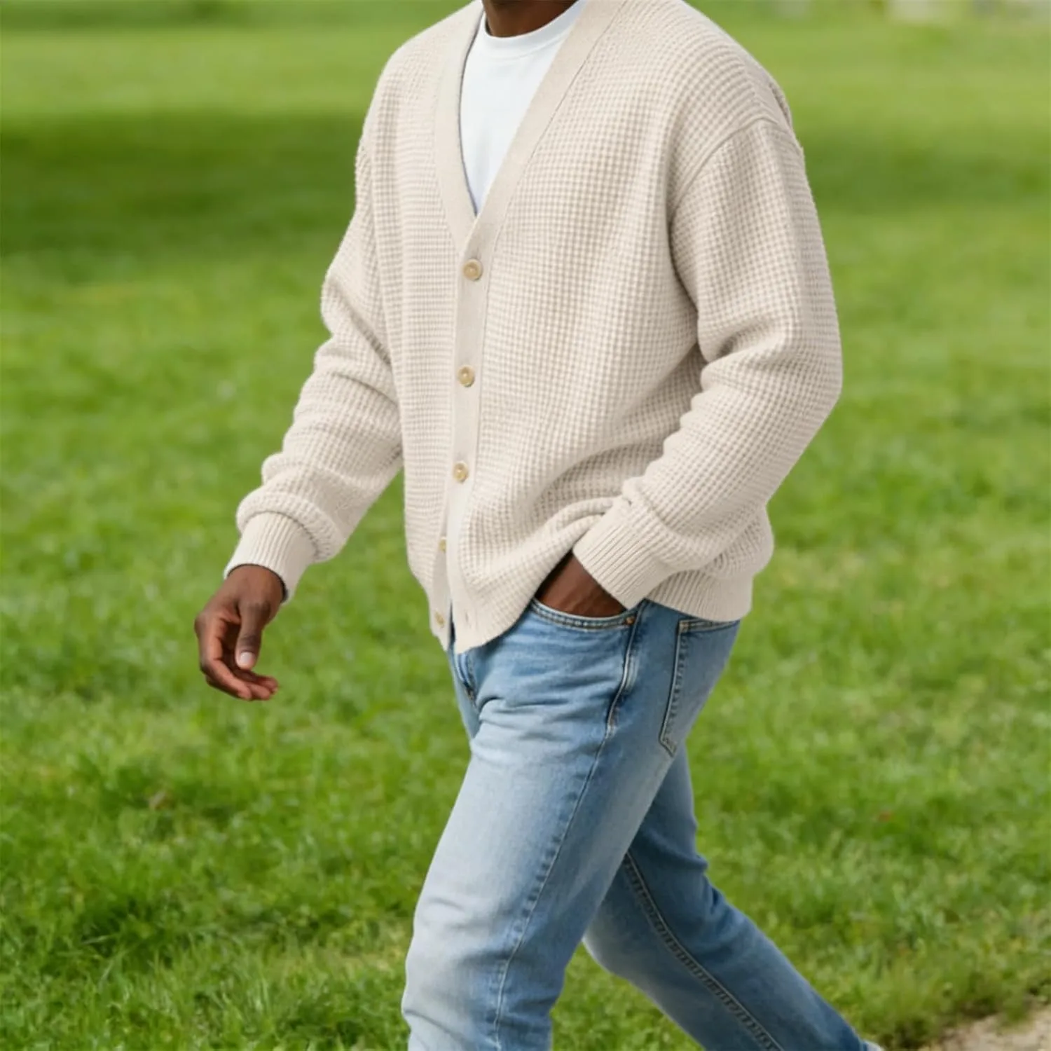 Mens Cardigan Sweater Textured Waffle Knit Long Sleeve Cardigan Lightweight Casual V Neck Button Down Cardigans — фото 4