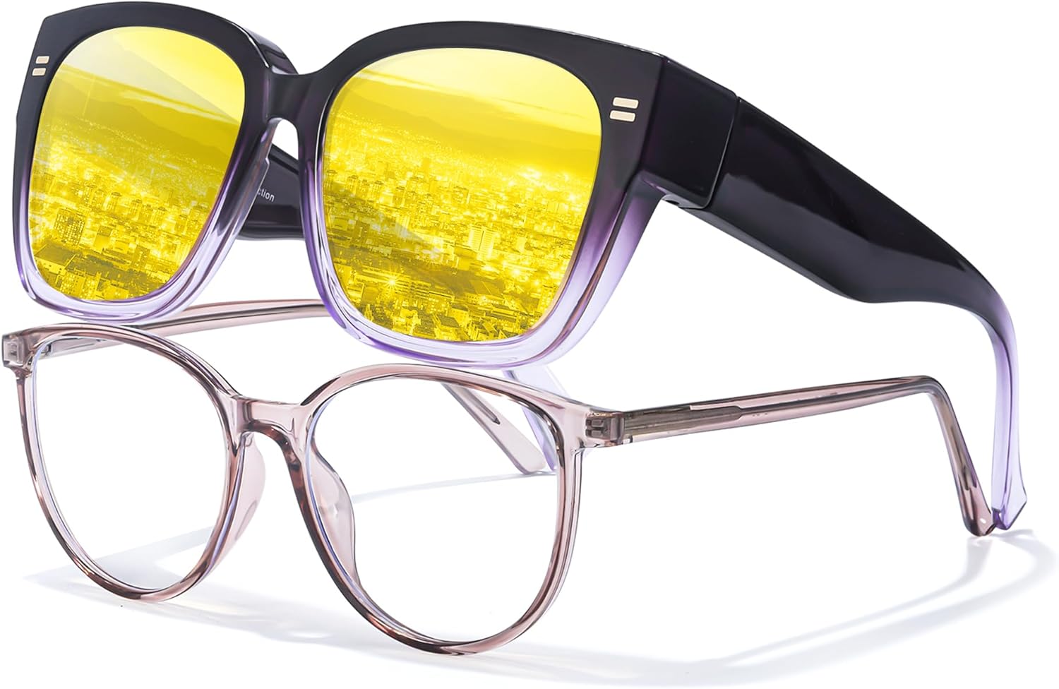 

Очки ночного видения LVIOE для вождения (женщины и мужчины), желтые, поляризованные, для ночного вождения, носят поверх обычных очков N4201, A03 Gra Purple Frame / Night Vision