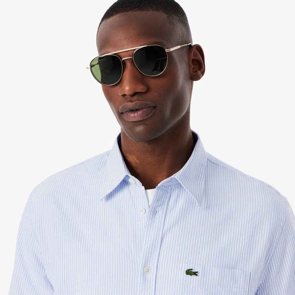 Мужская рубашка в полоску из оксфорда небесно-голубая от Lacoste — фото 2