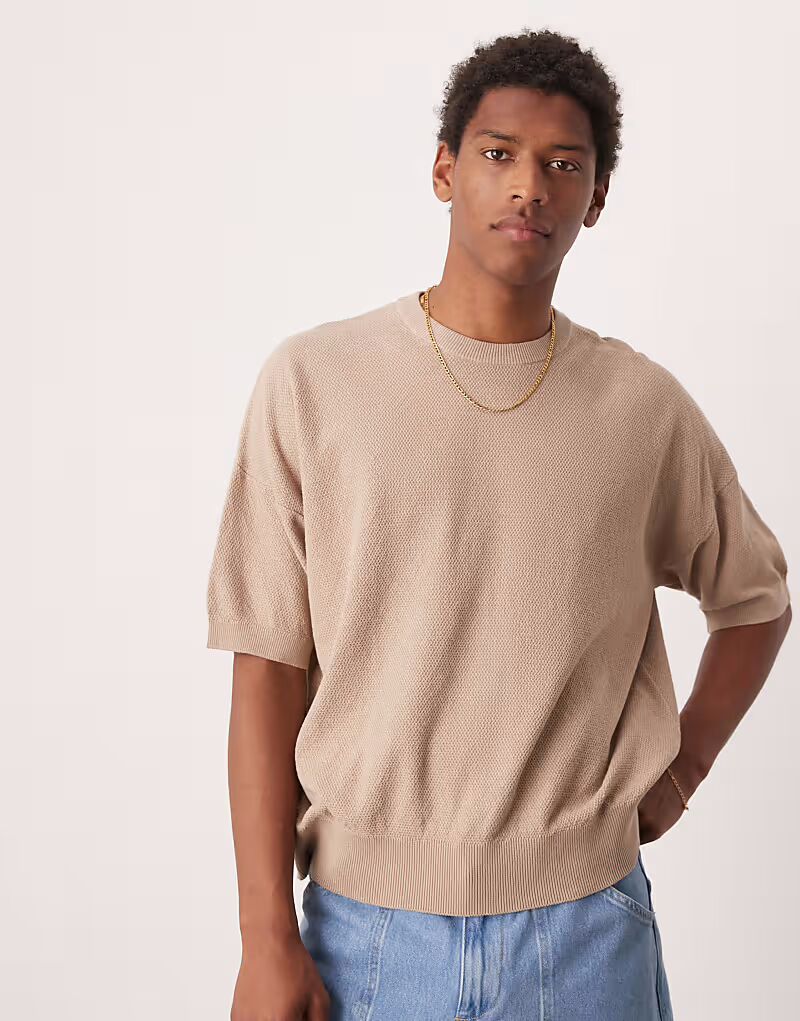 

Футболка свободного кроя ASOS DESIGN из трикотажной ткани пике в каменном цвете