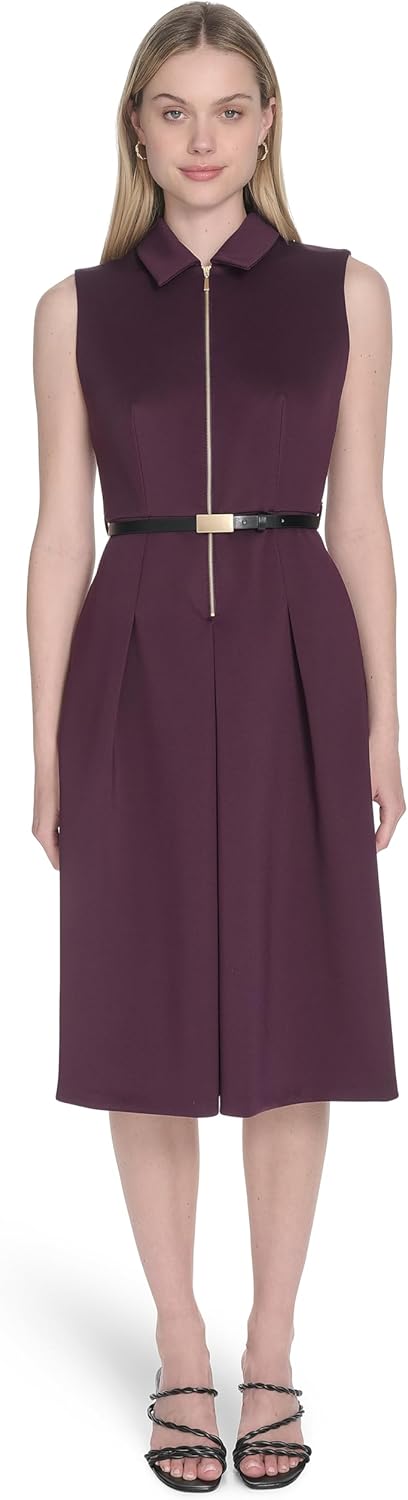 Женское платье-трапеция без рукавов с воротником и поясом от Calvin Klein, Aubergine — фото 2