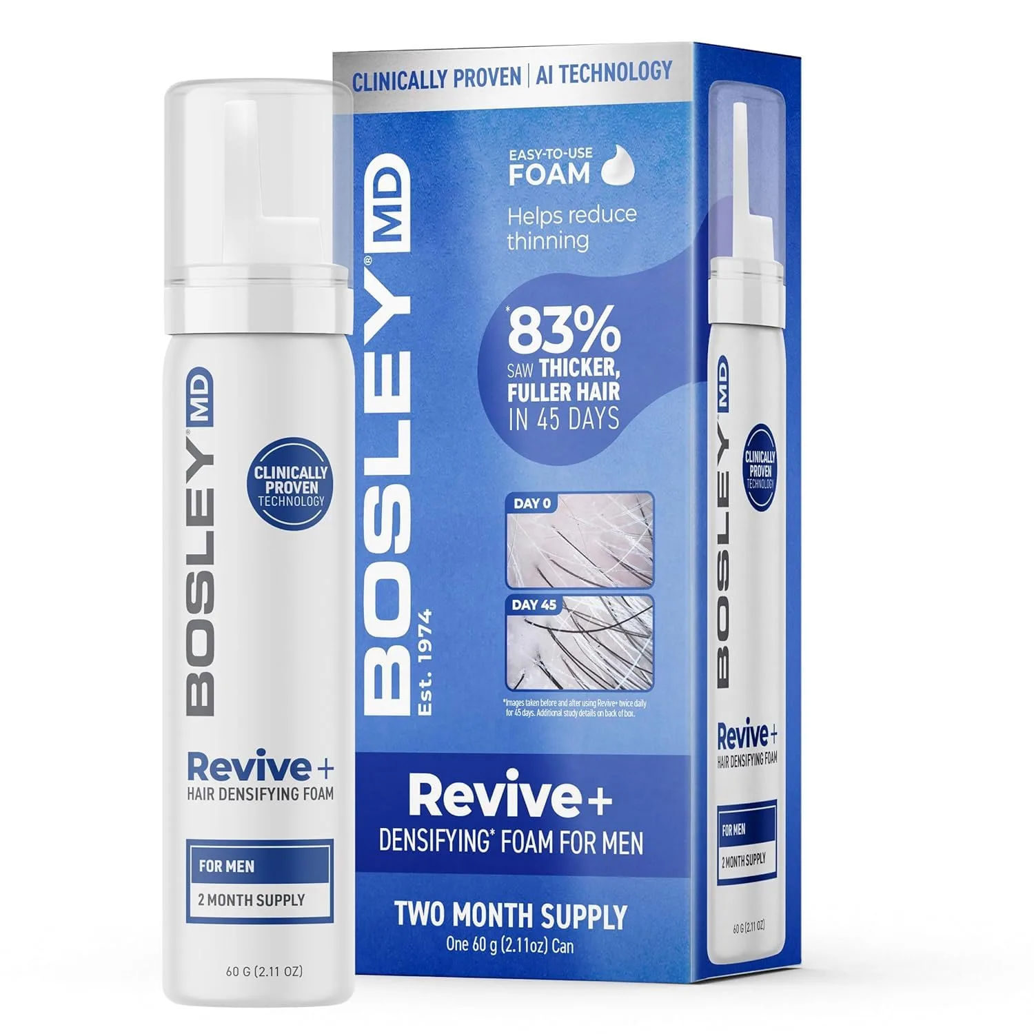 BosleyMD Men’s Revive + Densifying Treatment Foam - средство против выпадения волос без лекарств с YuvaBio Y100, биотином и маслом тыквенных семечек, 60-дневный запас, 60 мл