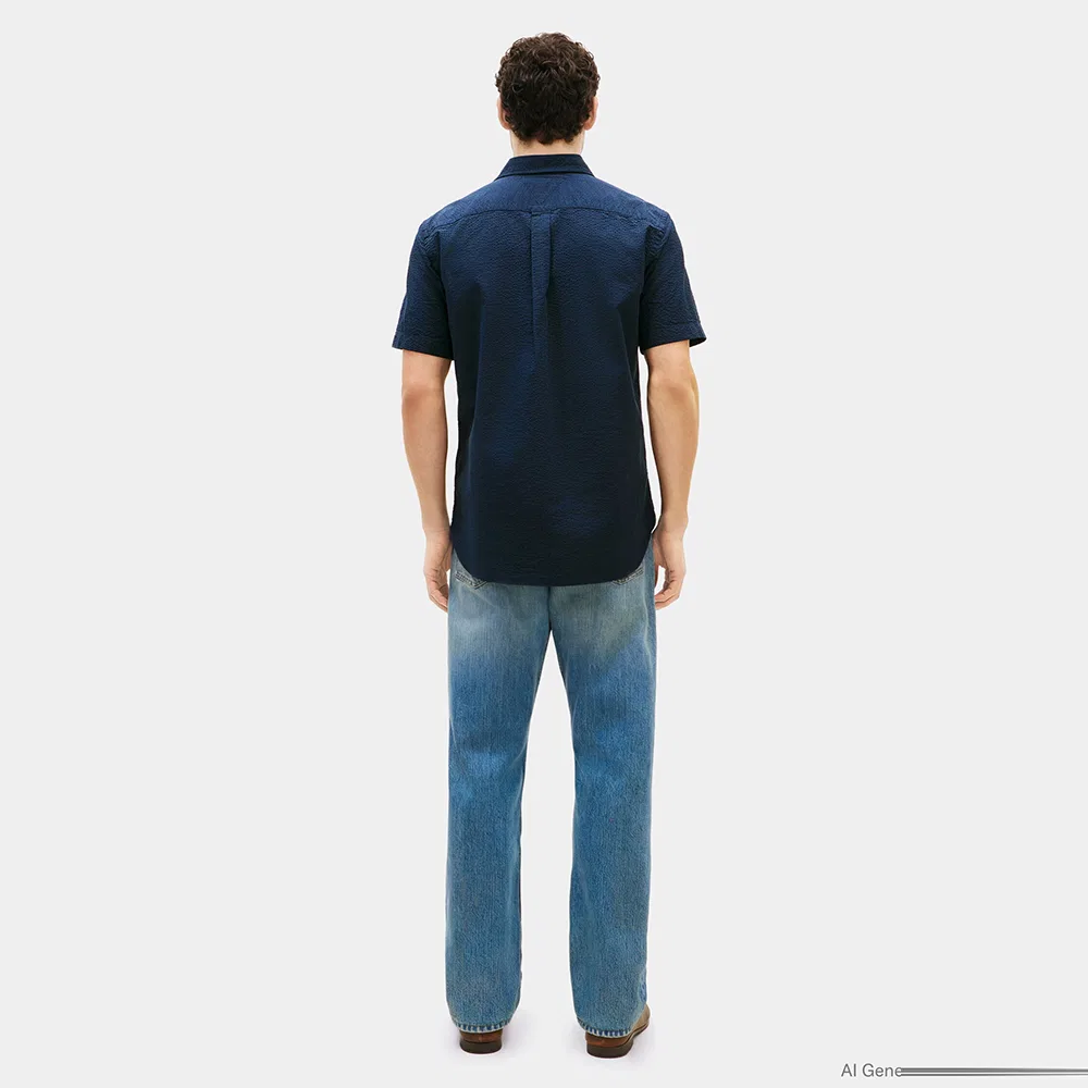 Мужская однотонная рубашка из сирсакера Asian Fit, небесно-голубая, от Tommy Hilfiger — фото 3
