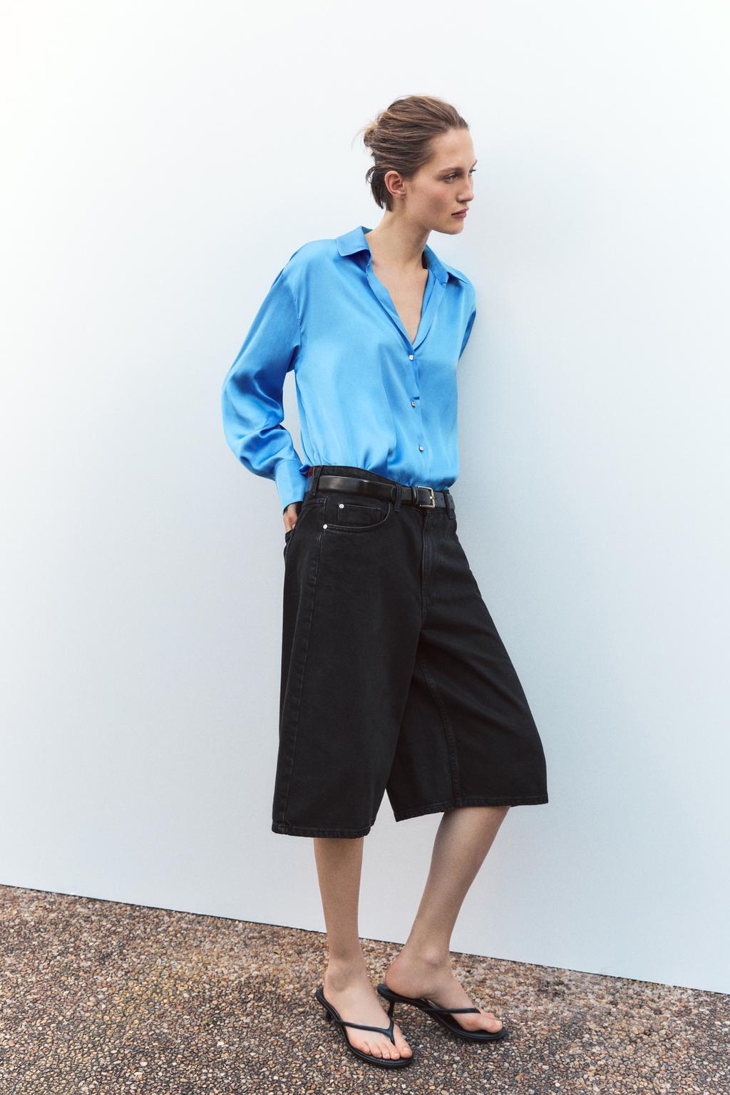 

Базовая атласная рубашка ZARA, небесно-синий