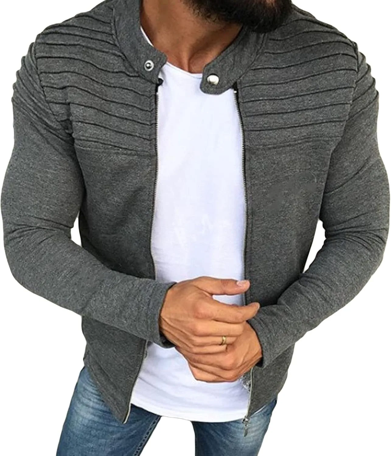 Мужской кардиган с воротником стойкой и молнией, Slim Fit, с длинными рукавами и карманами