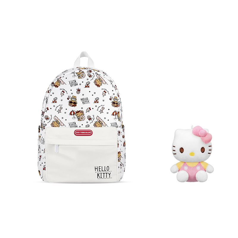 

Sanrio Полиэстеровый рюкзак средний женский белый, Hellokitty-Black Leather Print-White+Pink Pendant
