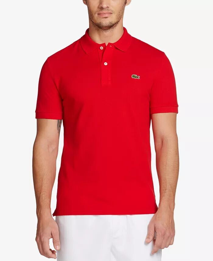 

Мужская приталенная рубашка поло с коротким рукавом в рубчик Lacoste, красный