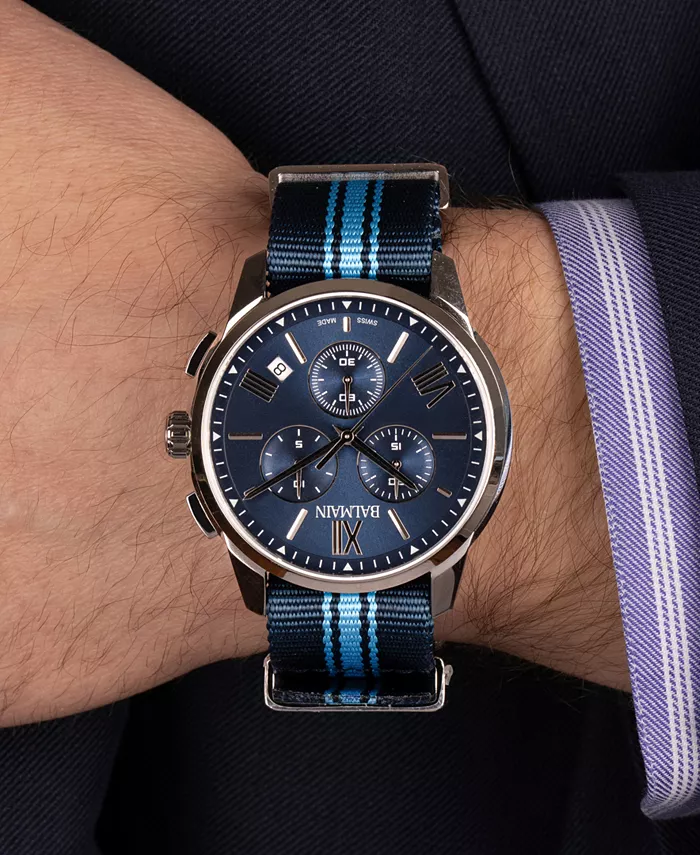 Мужские часы Swiss Chronograph Madrigal с темно-синим полосатым ремешком NATO, 42 мм Balmain — фото 4