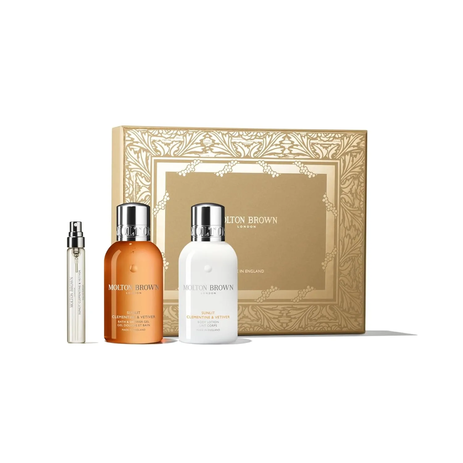 Molton Brown Sunlit Clementine & Vetiver подарочный набор для путешествий: туалетная вода 7 мл, гель для душа 100 мл и лосьон для тела 100 мл
