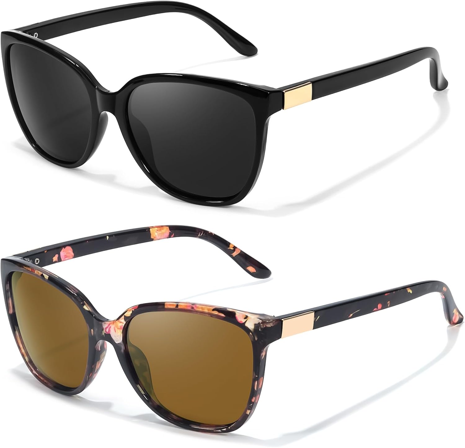 

FIMILU, комплект из 2 поляризованных солнцезащитных очков для женщин, модные квадратные солнцезащитные очки в стиле ретро с защитой от УФ-излучения для повседневной носки на открытом воздухе, A8 Black+brownfloral