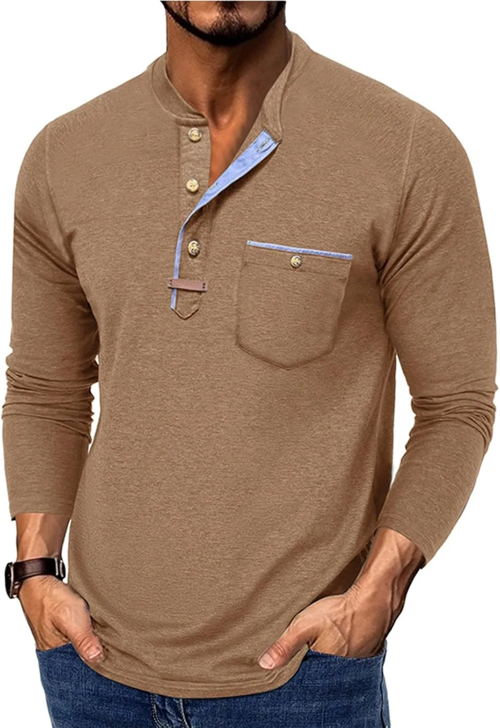 Мужская весенняя рубашка, Long Sleeve Henley, M-3XL — фото 2